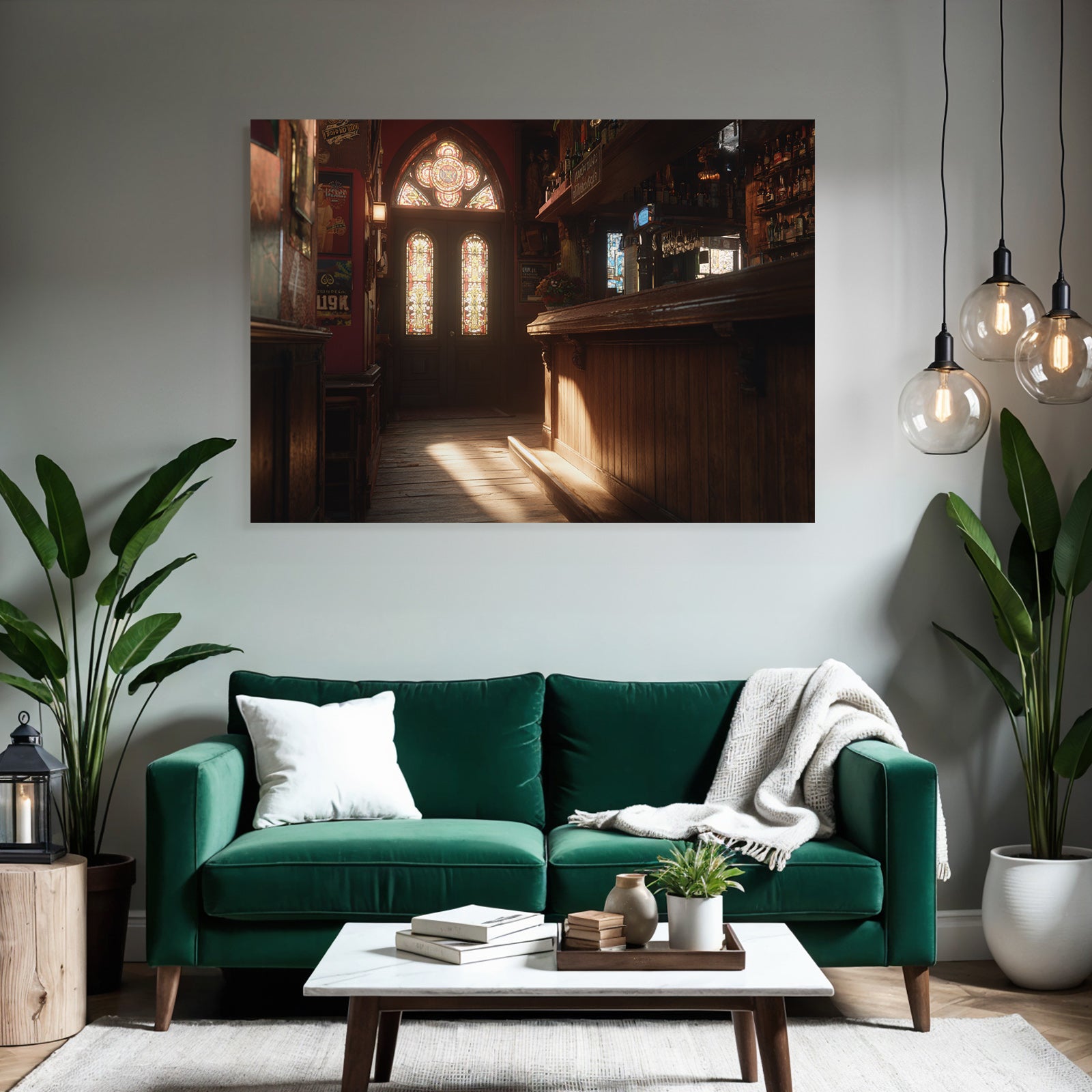 Cozy bar interior with wooden counter and windows