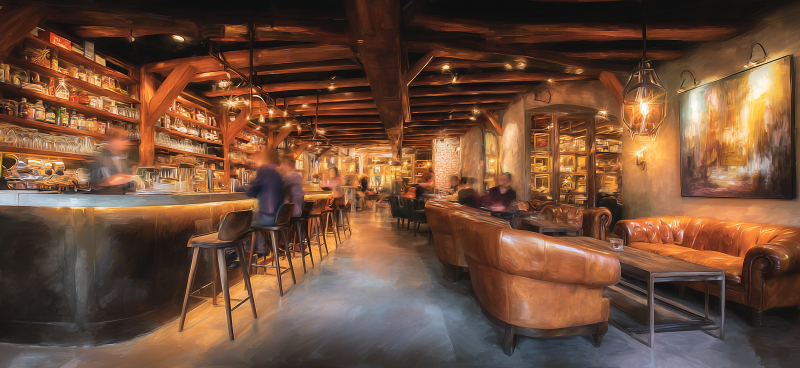 Gemütliche Bar Lounge Ambiente Mit Holzdecken Leder Sofas | Bars Cafes Theater Bibliotheken | Architektur