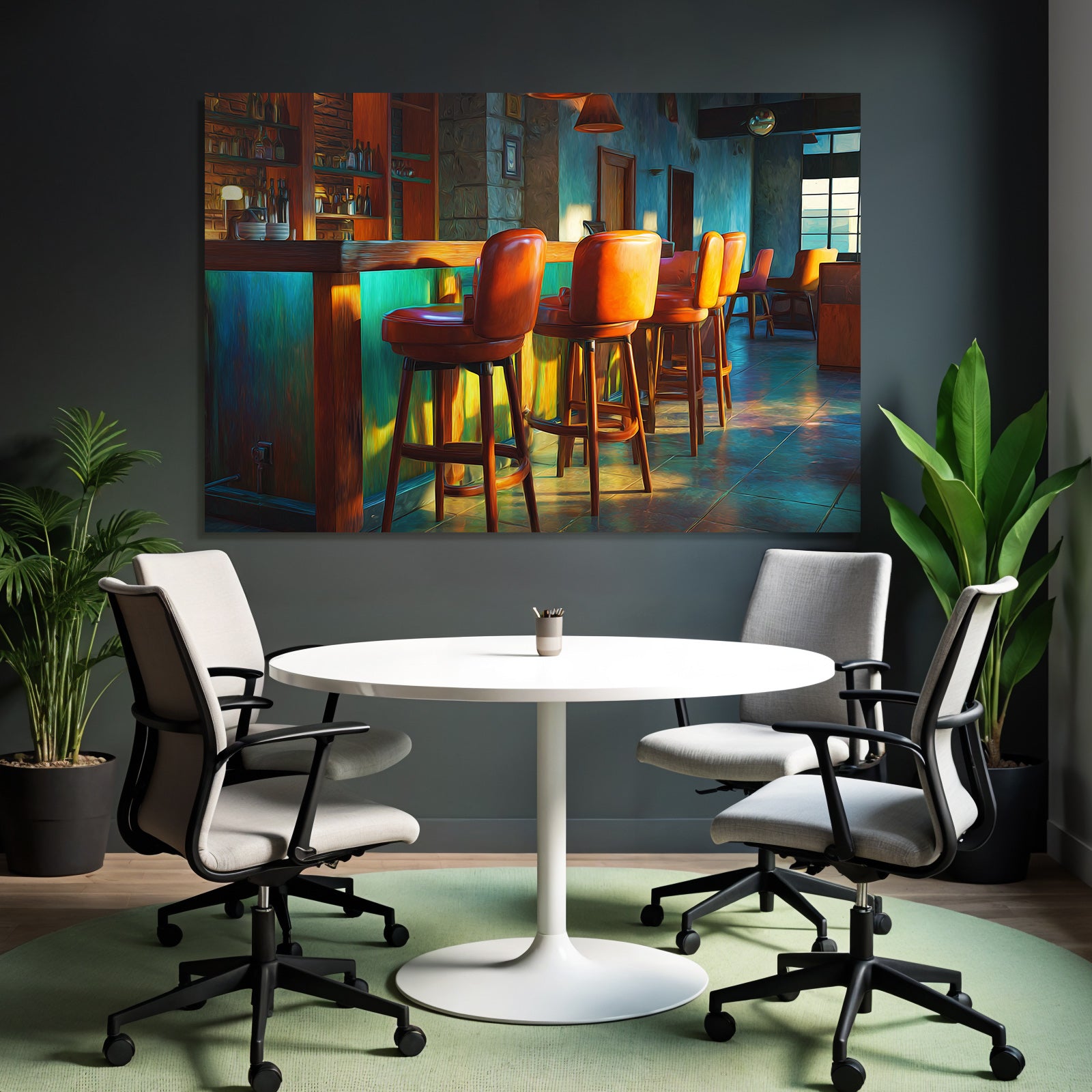 Cozy bar lounge with wooden high chairs and colorful bar counter
