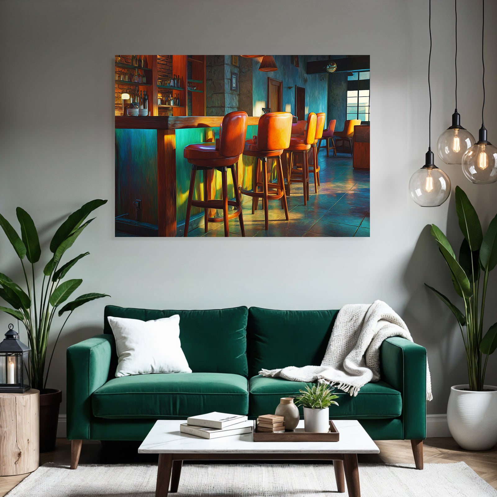Cozy bar lounge with wooden high chairs and colorful bar counter