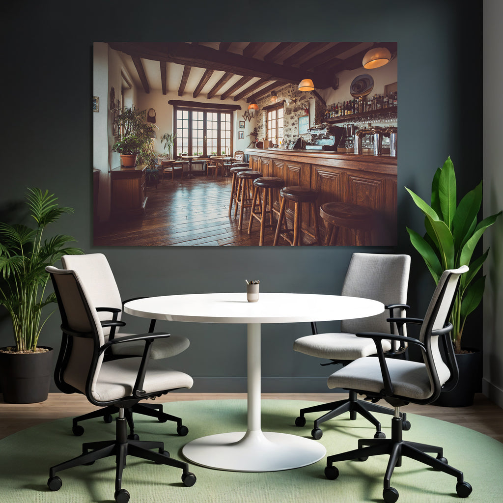 Gemütliche Bar Oder Cafe Innenraum Mit Holzbalken Fenster Und Kunstwerken