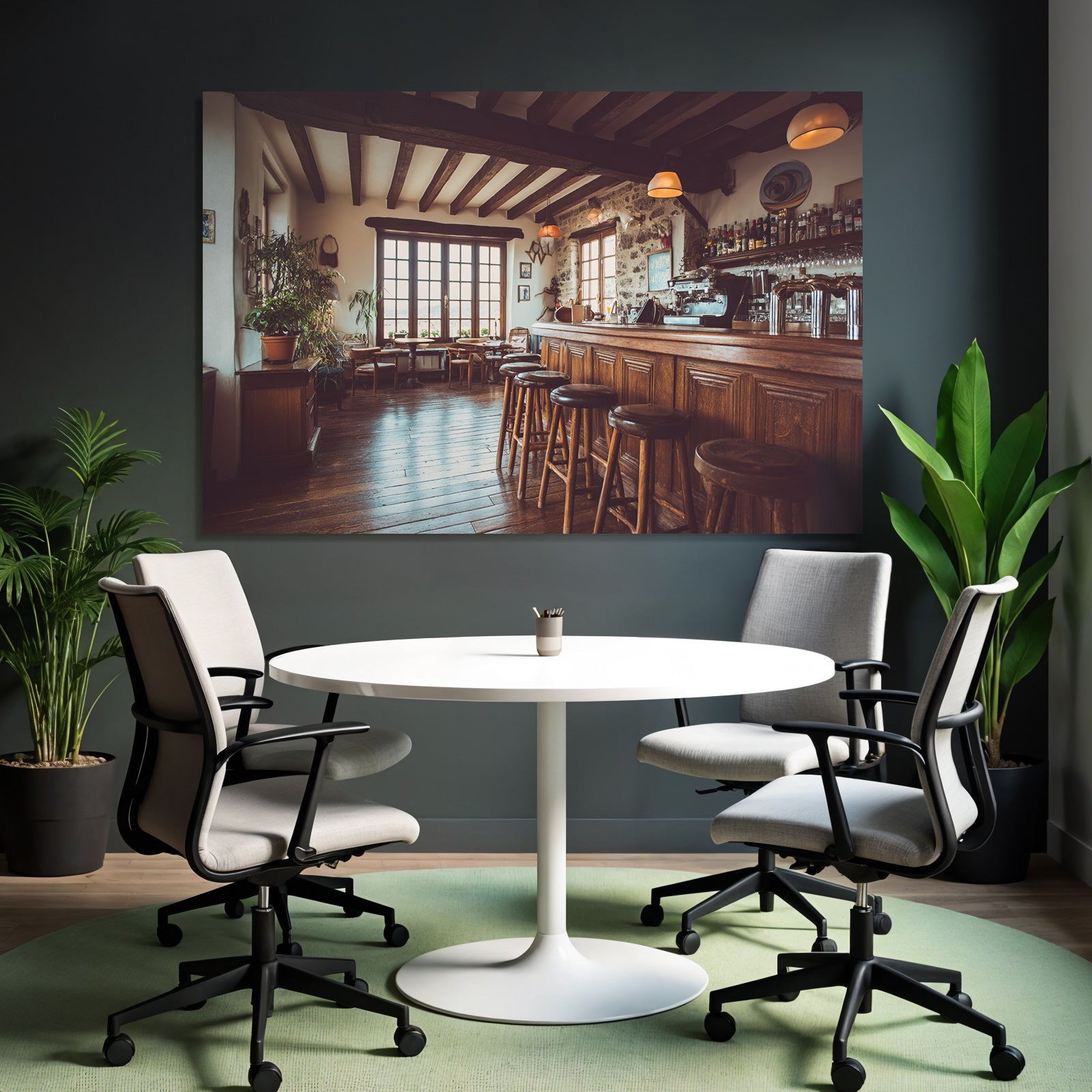 Gemütliche Bar Oder Cafe Innenraum Mit Holzbalken Fenster Und Kunstwerken