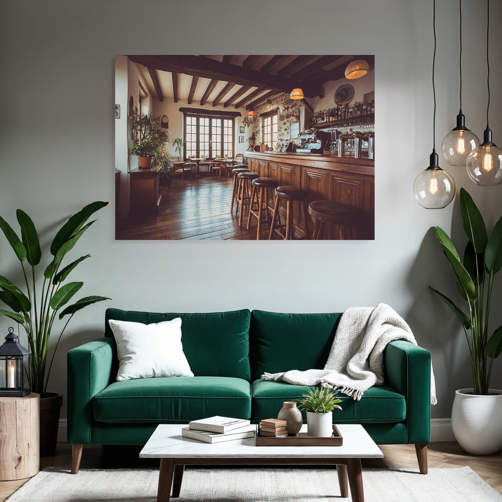Gemütliche Bar Oder Cafe Innenraum Mit Holzbalken Fenster Und Kunstwerken