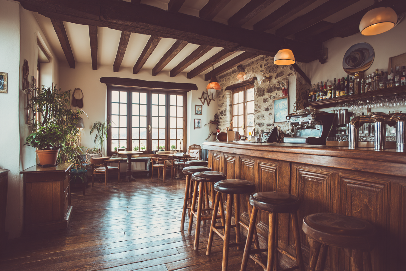 Gemütliche Bar Oder Cafe Innenraum Mit Holzbalken Fenster Und Kunstwerken | Bars Cafes Theater Bibliotheken | Architektur