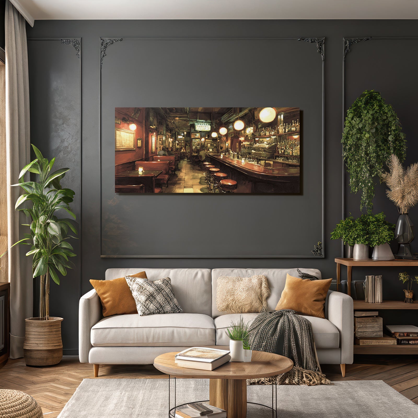 Cozy bar and pub interior view with many guests