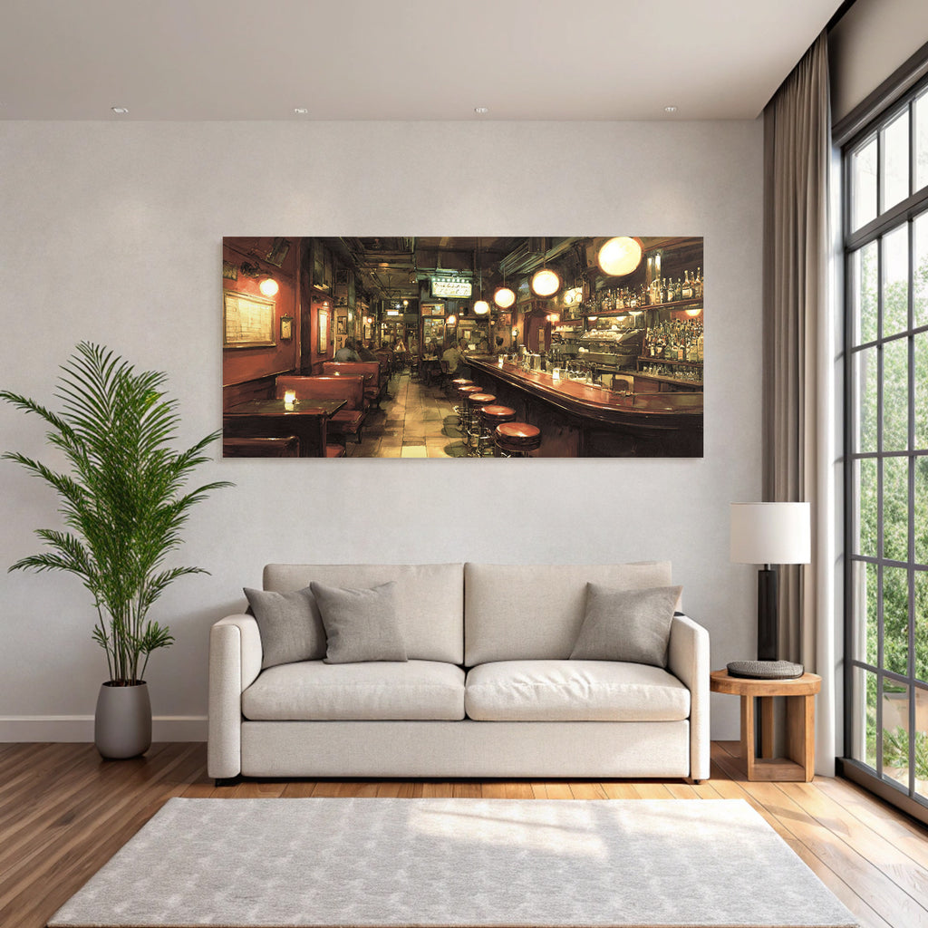 Cozy bar and pub interior view with many guests