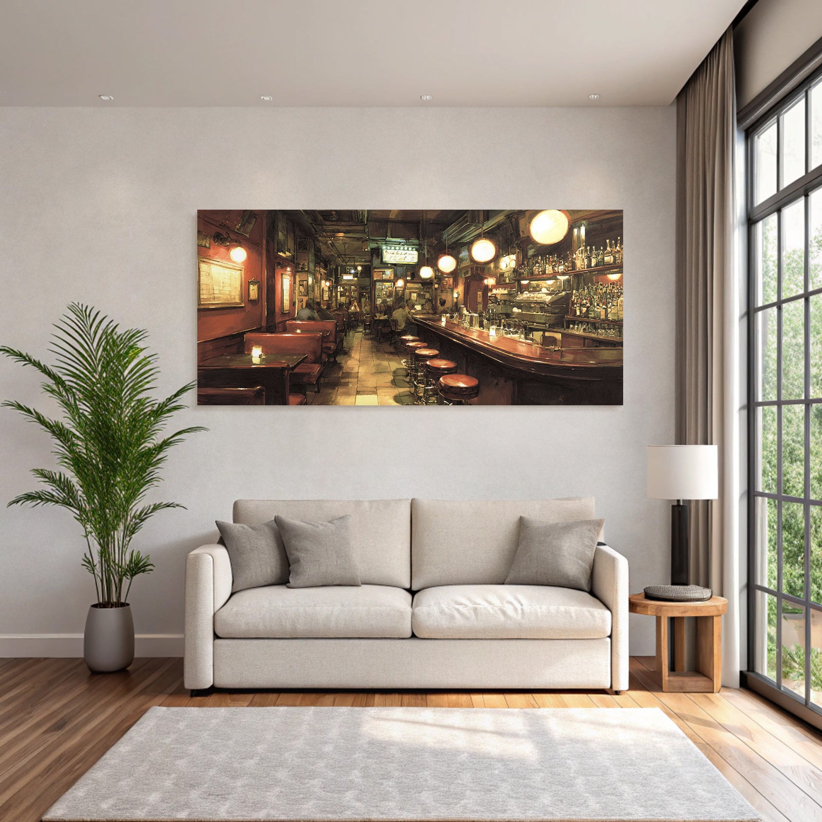 Cozy bar and pub interior view with many guests