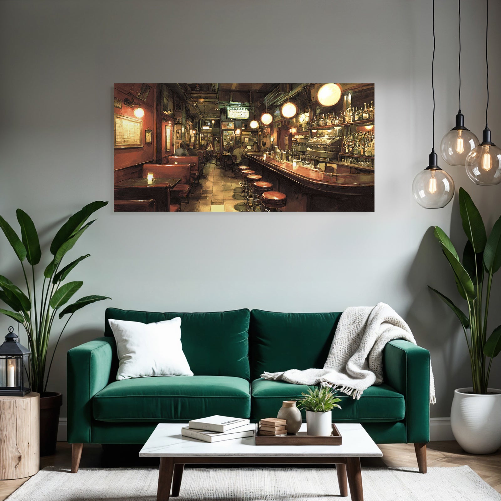 Cozy bar and pub interior view with many guests