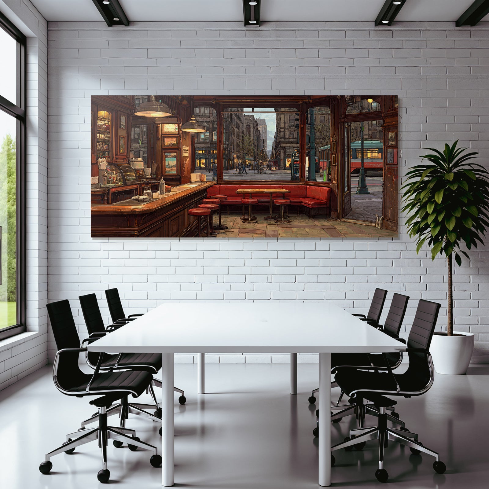 Cozy Cafe Interior View With Street View