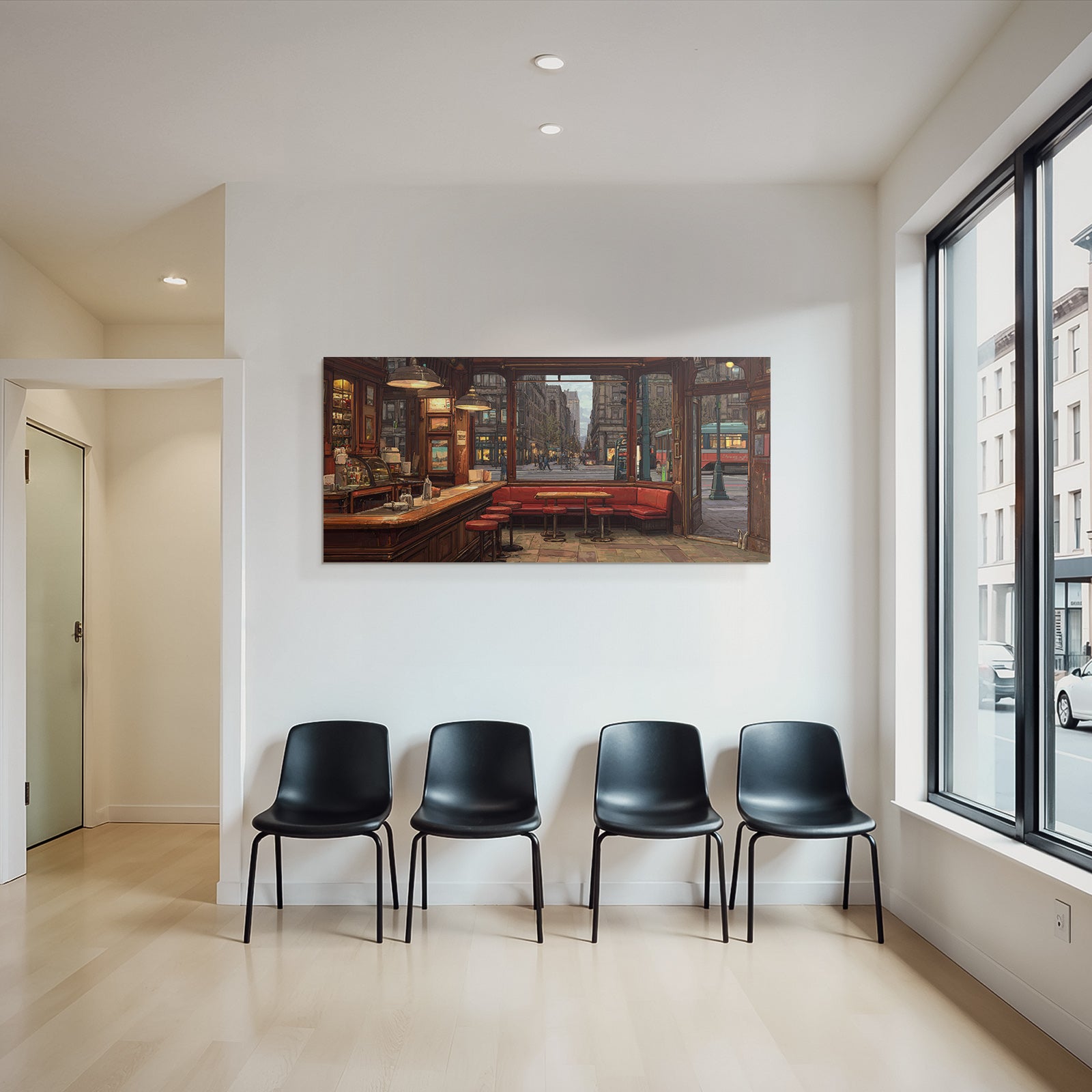 Cozy Cafe Interior View With Street View