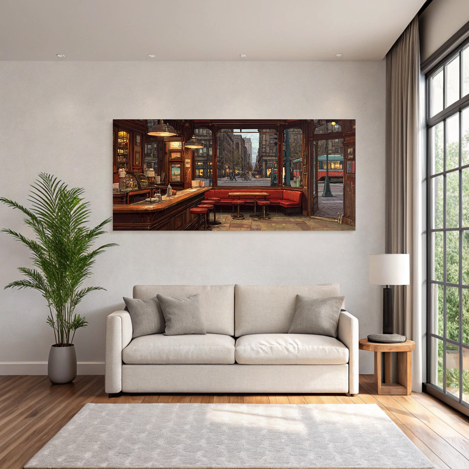 Cozy Cafe Interior View With Street View