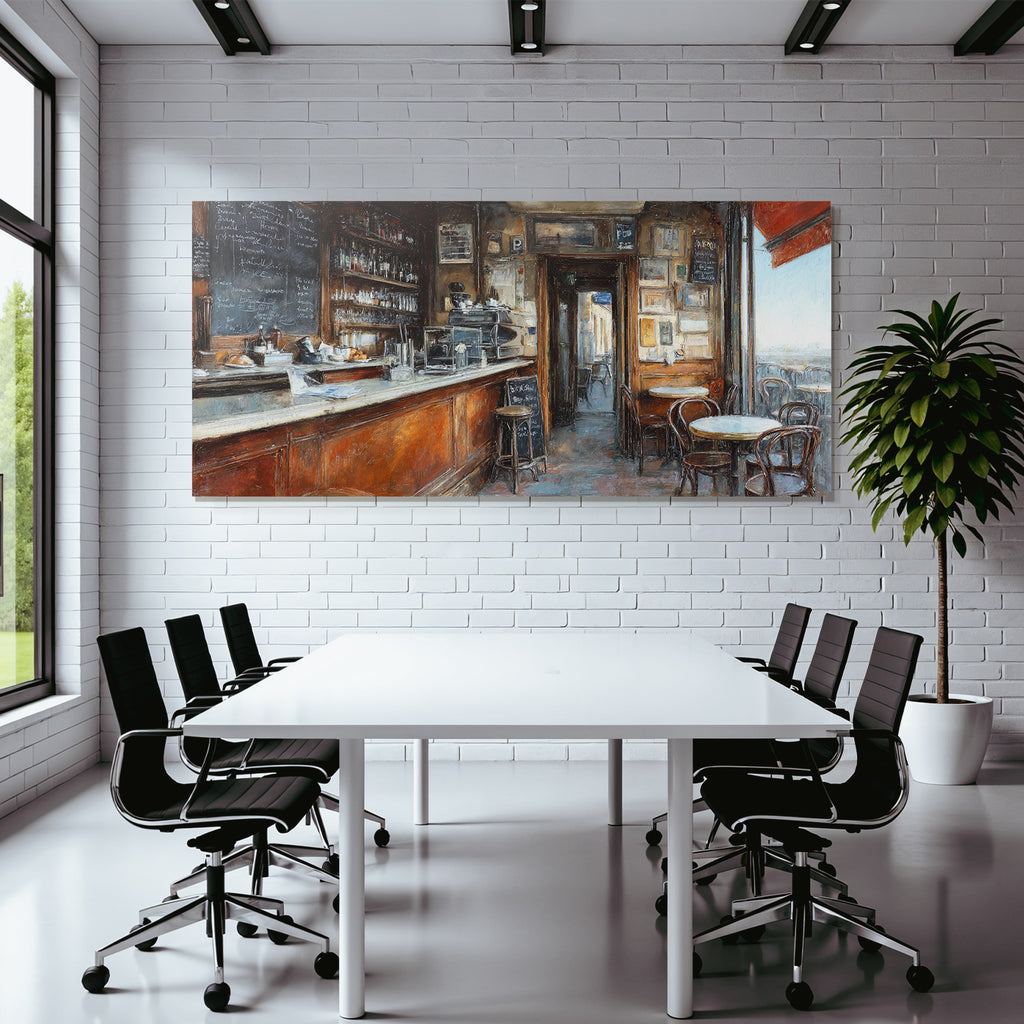 Cozy cafe interior view with table and chairs