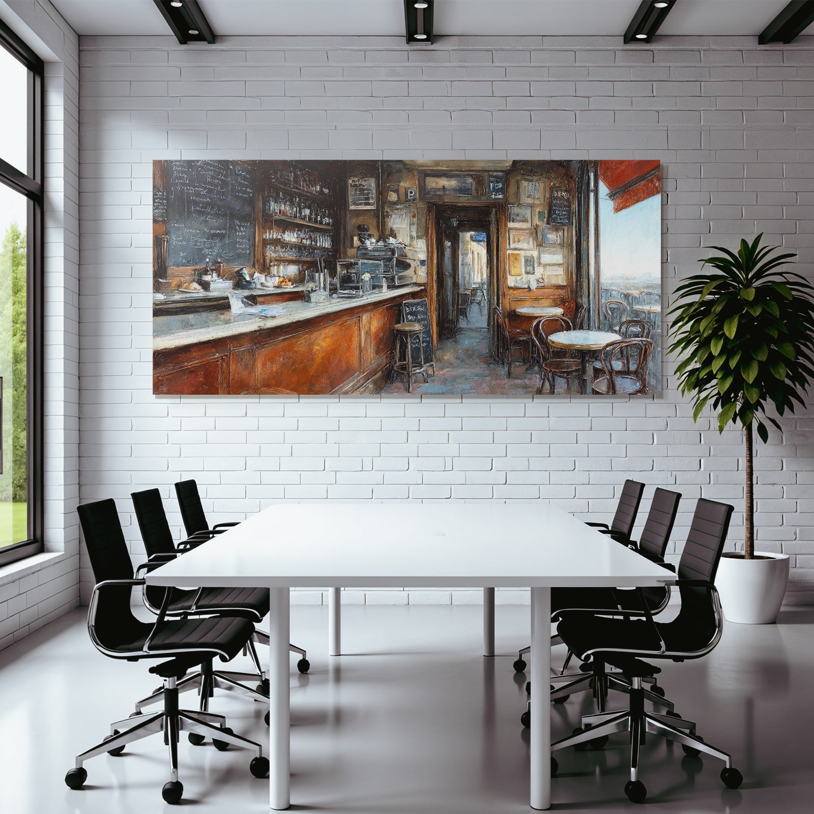 Cozy cafe interior view with table and chairs