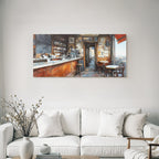 Cozy cafe interior view with table and chairs