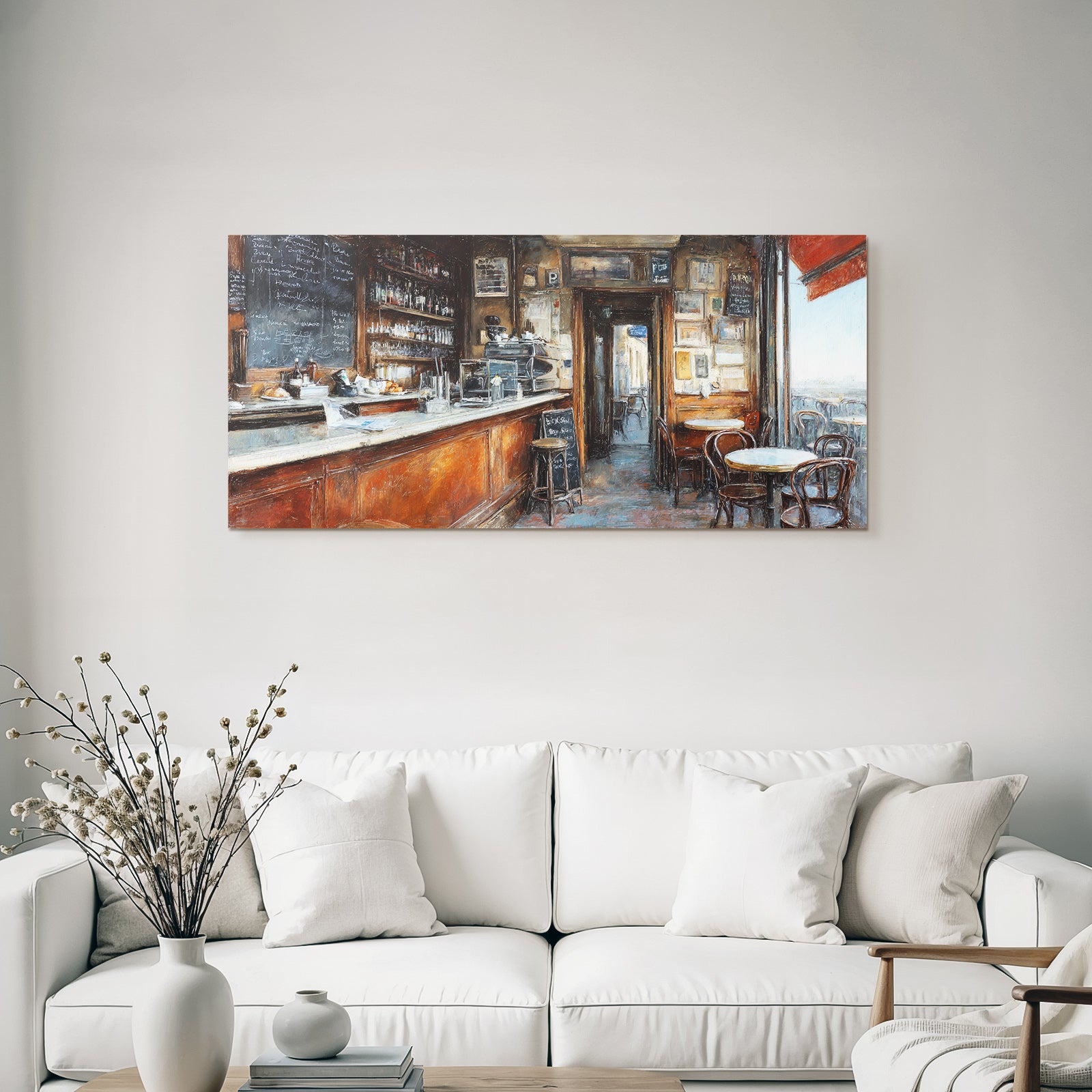 Cozy cafe interior view with table and chairs