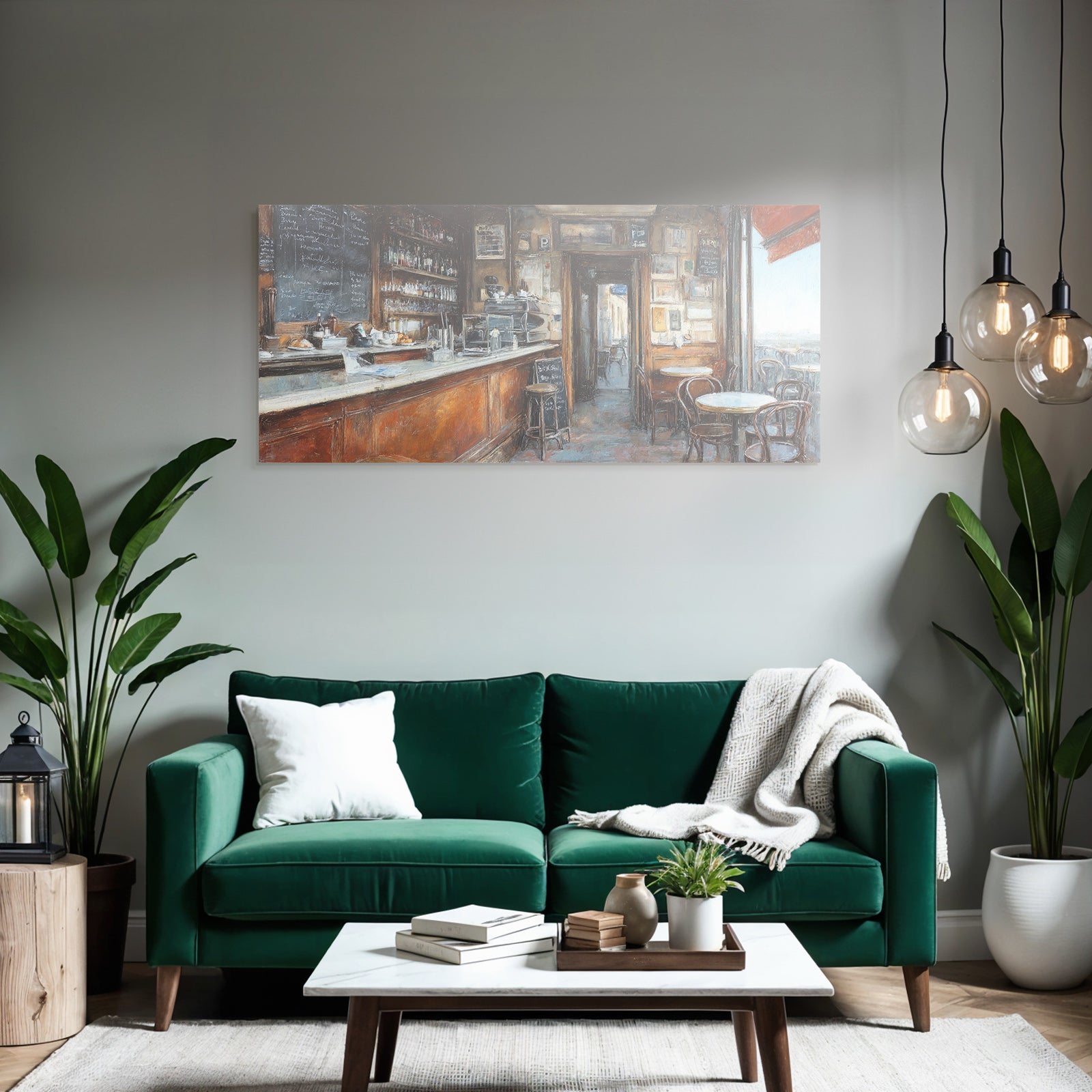 Cozy cafe interior view with table and chairs