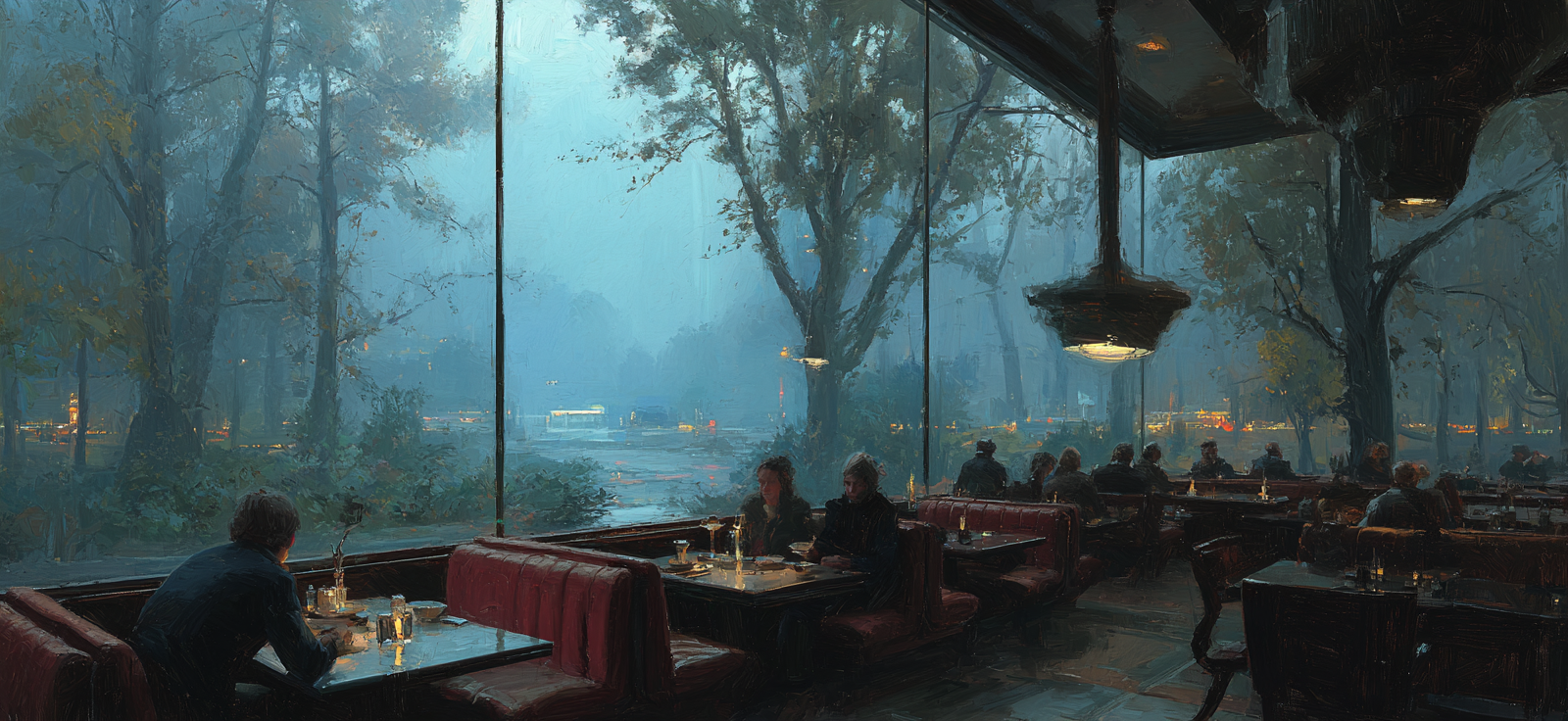 Gemütliches Innenleben Eines Restaurants Mit Nebligem Hintergrund | Bars Cafes Theater Bibliotheken | Architektur