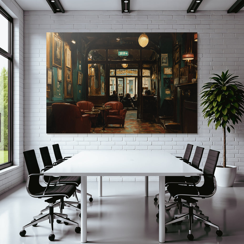 Cozy interior of a cafe with red chairs and soft lighting