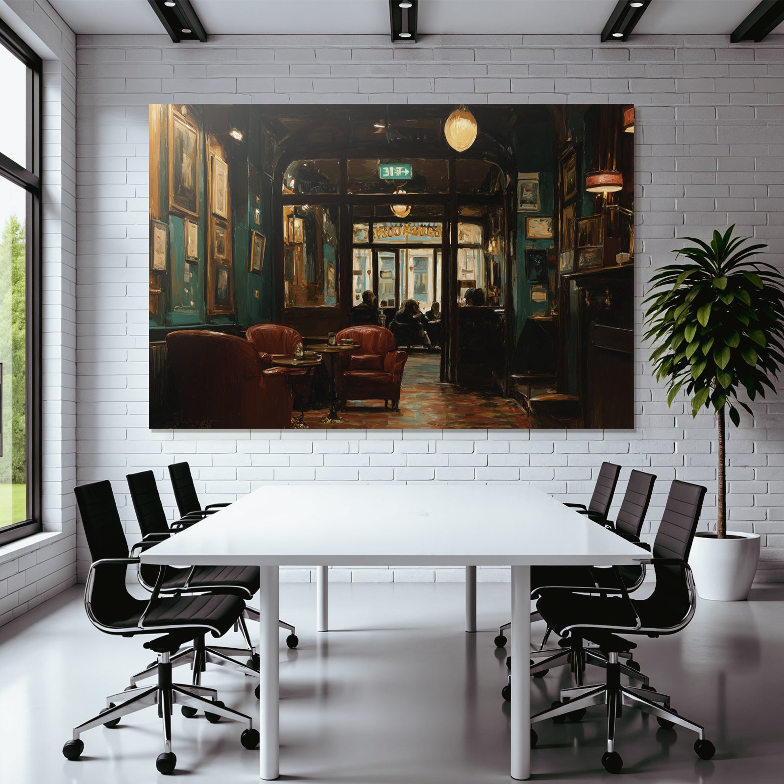 Cozy interior of a cafe with red chairs and soft lighting