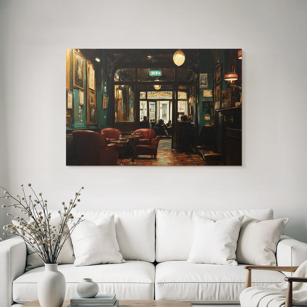 Cozy interior of a cafe with red chairs and soft lighting