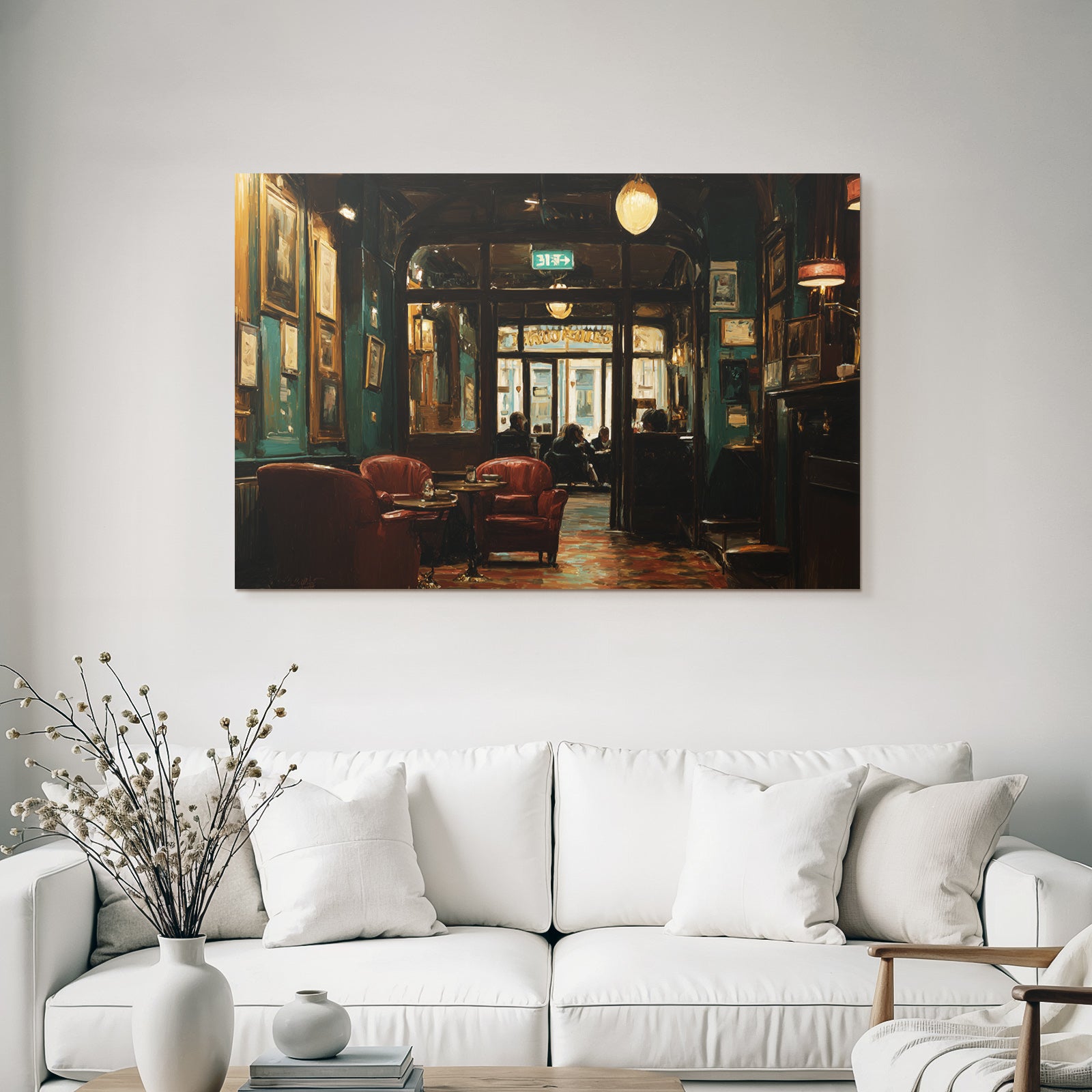 Cozy interior of a cafe with red chairs and soft lighting