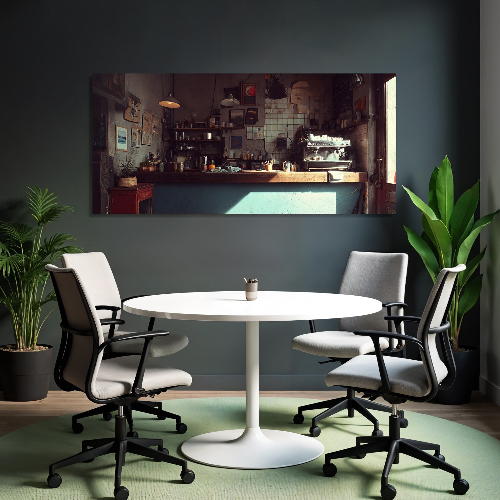 Gemütliches Kaffeehaus Interior Mit Kunstwerk Und Wärmer Beleuchtung