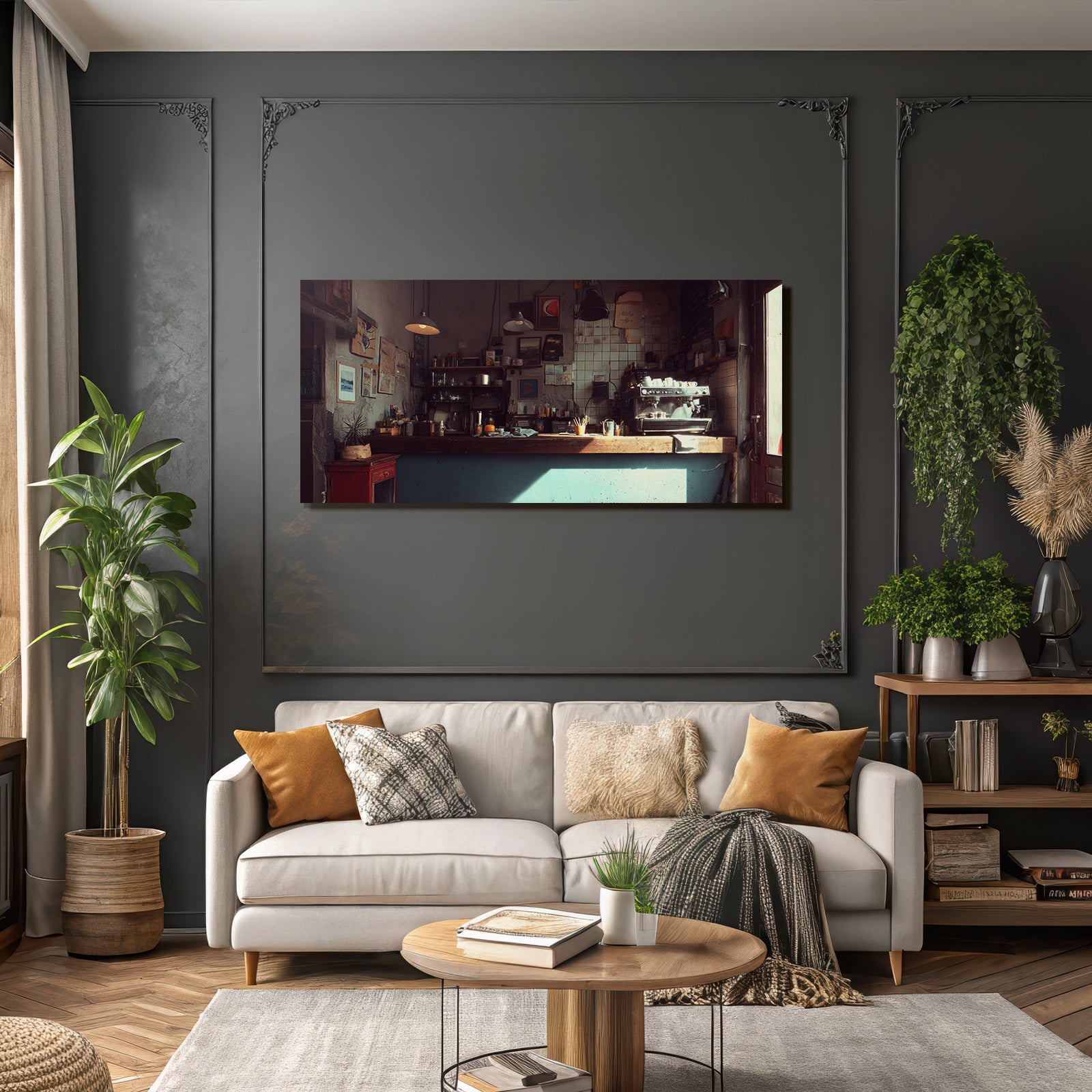 Gemütliches Kaffeehaus Interior Mit Kunstwerk Und Wärmer Beleuchtung
