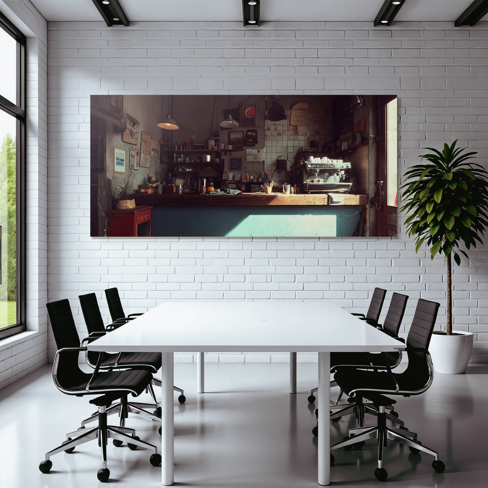 Gemütliches Kaffeehaus Interior Mit Kunstwerk Und Wärmer Beleuchtung