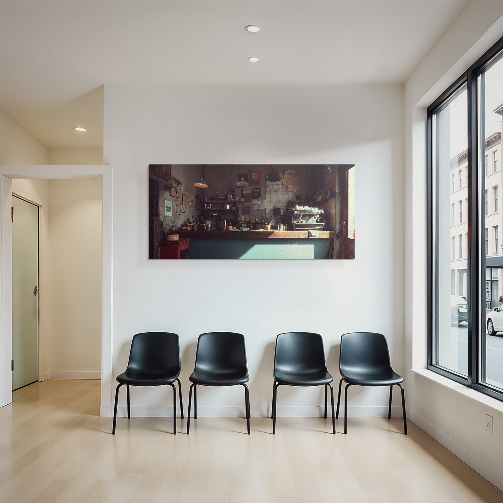 Gemütliches Kaffeehaus Interior Mit Kunstwerk Und Wärmer Beleuchtung
