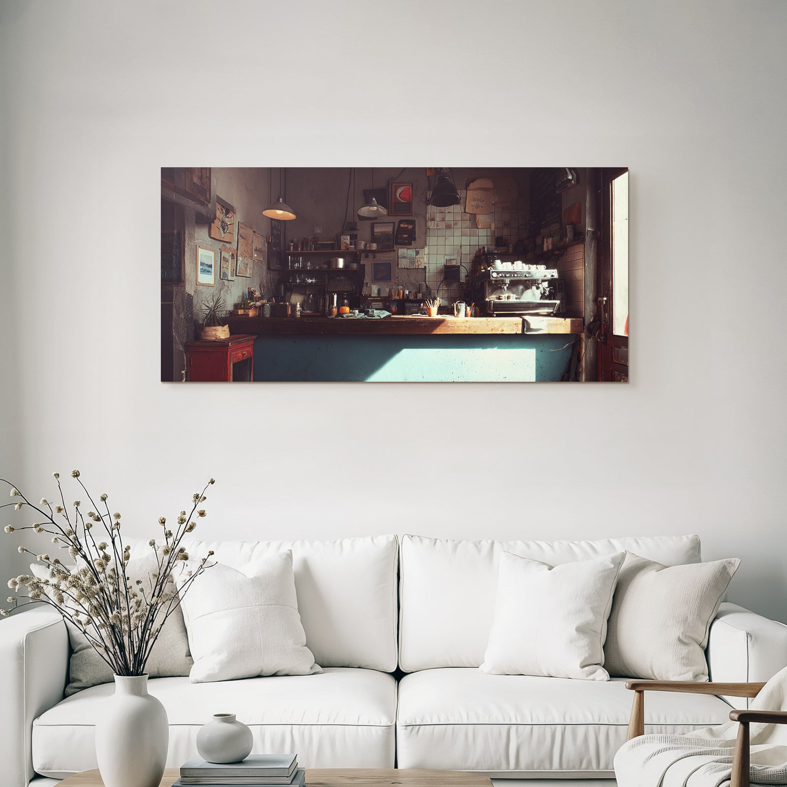 Gemütliches Kaffeehaus Interior Mit Kunstwerk Und Wärmer Beleuchtung