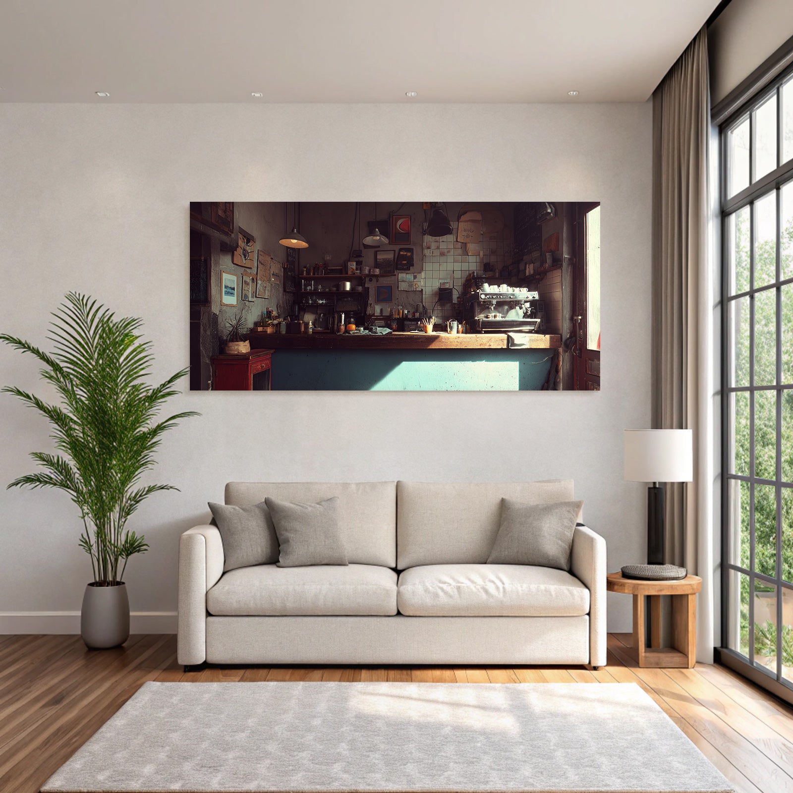 Gemütliches Kaffeehaus Interior Mit Kunstwerk Und Wärmer Beleuchtung