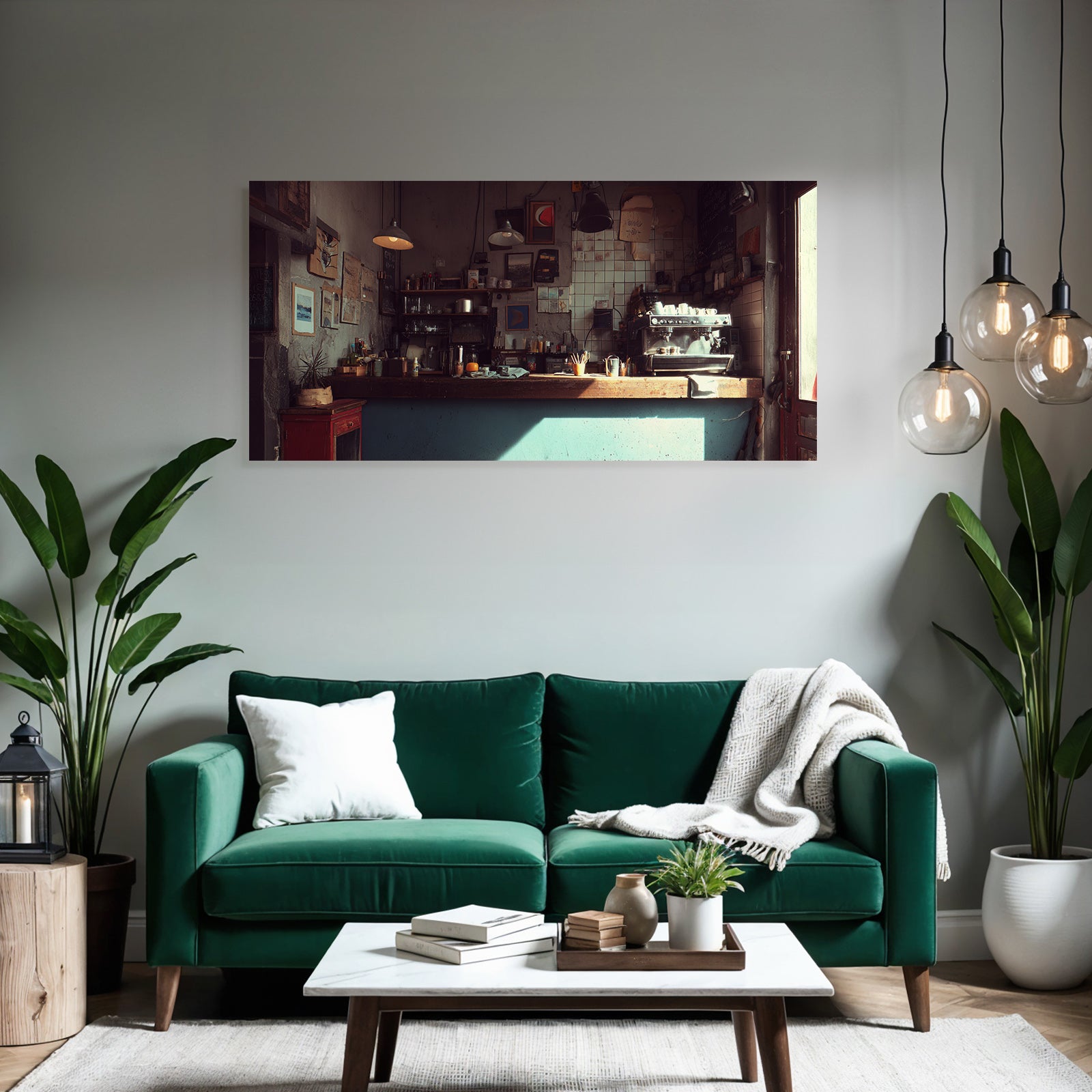 Gemütliches Kaffeehaus Interior Mit Kunstwerk Und Wärmer Beleuchtung