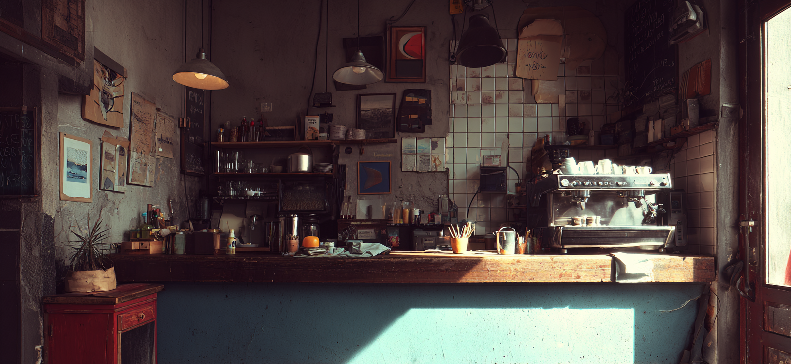 Gemütliches Kaffeehaus Interior Mit Kunstwerk Und Wärmer Beleuchtung | Bars Cafes Theater Bibliotheken | Architektur