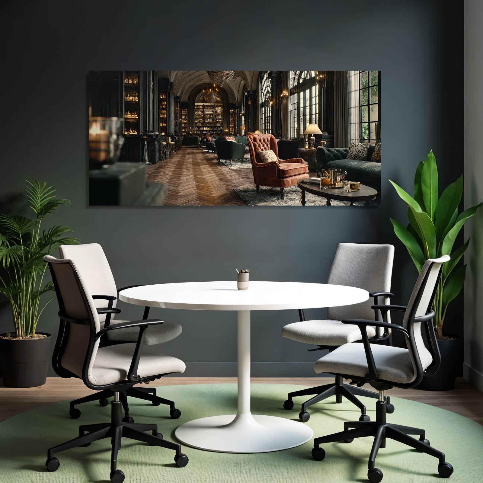 Luxuriöser Lounge Bibliothek Mit Holzboden Und Hochfenstern
