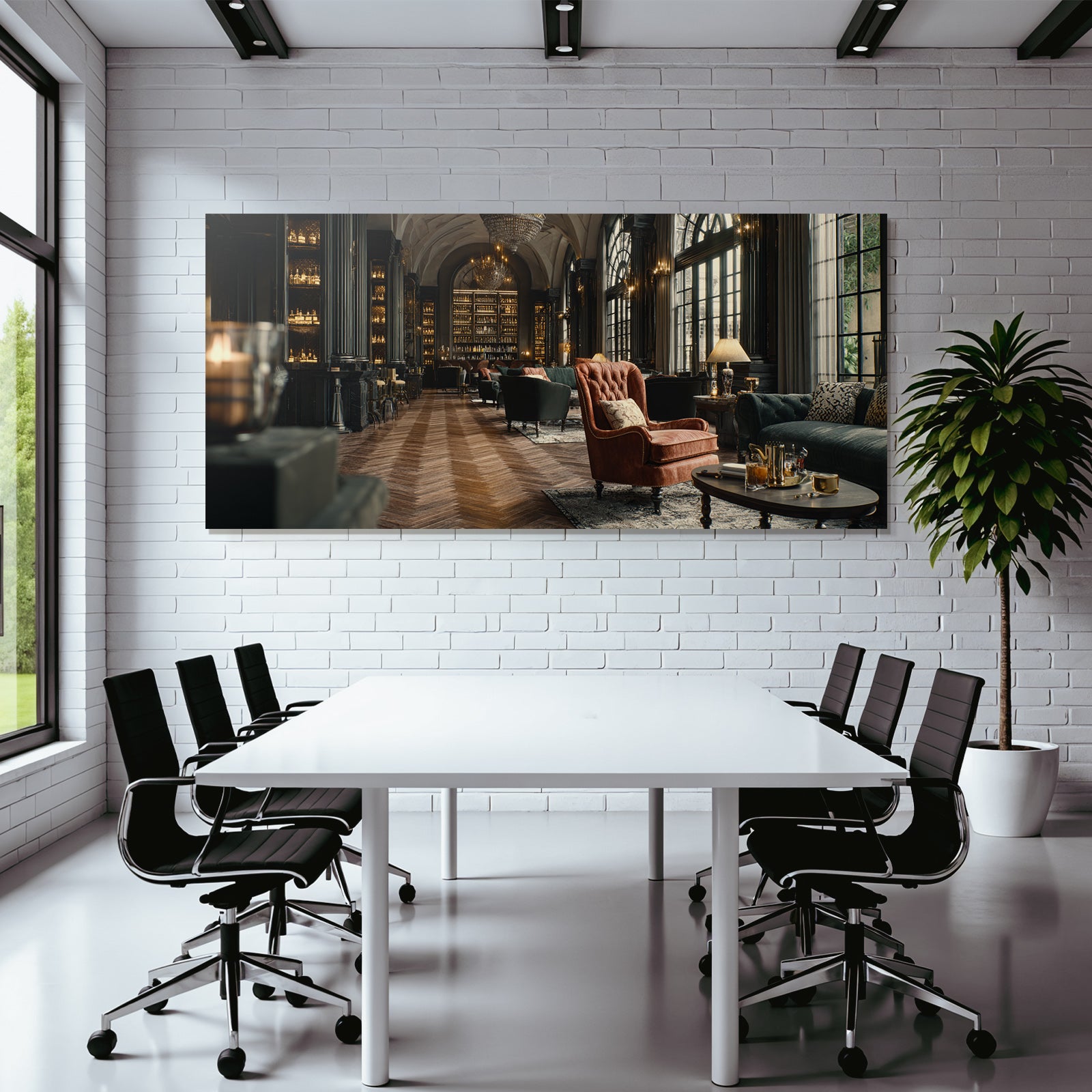 Luxuriöser Lounge Bibliothek Mit Holzboden Und Hochfenstern