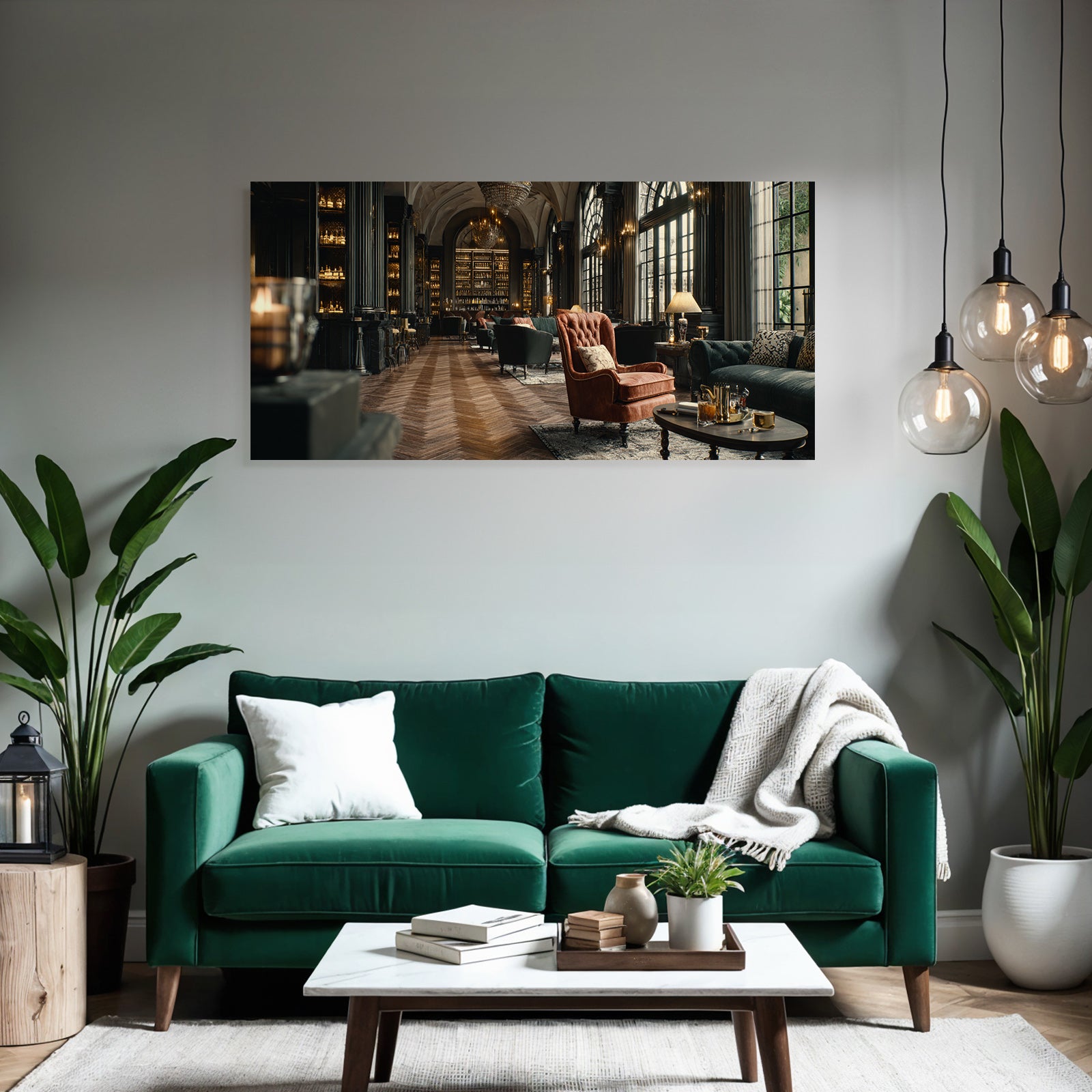Luxuriöser Lounge Bibliothek Mit Holzboden Und Hochfenstern