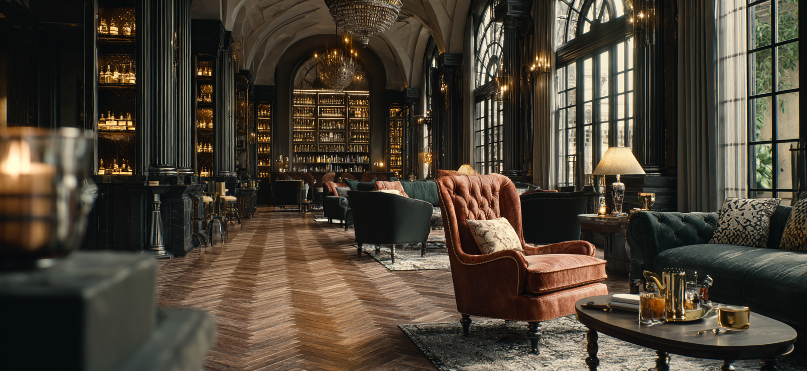 Luxuriöser Lounge Bibliothek Mit Holzboden Und Hochfenstern | Bars Cafes Theater Bibliotheken | Architektur