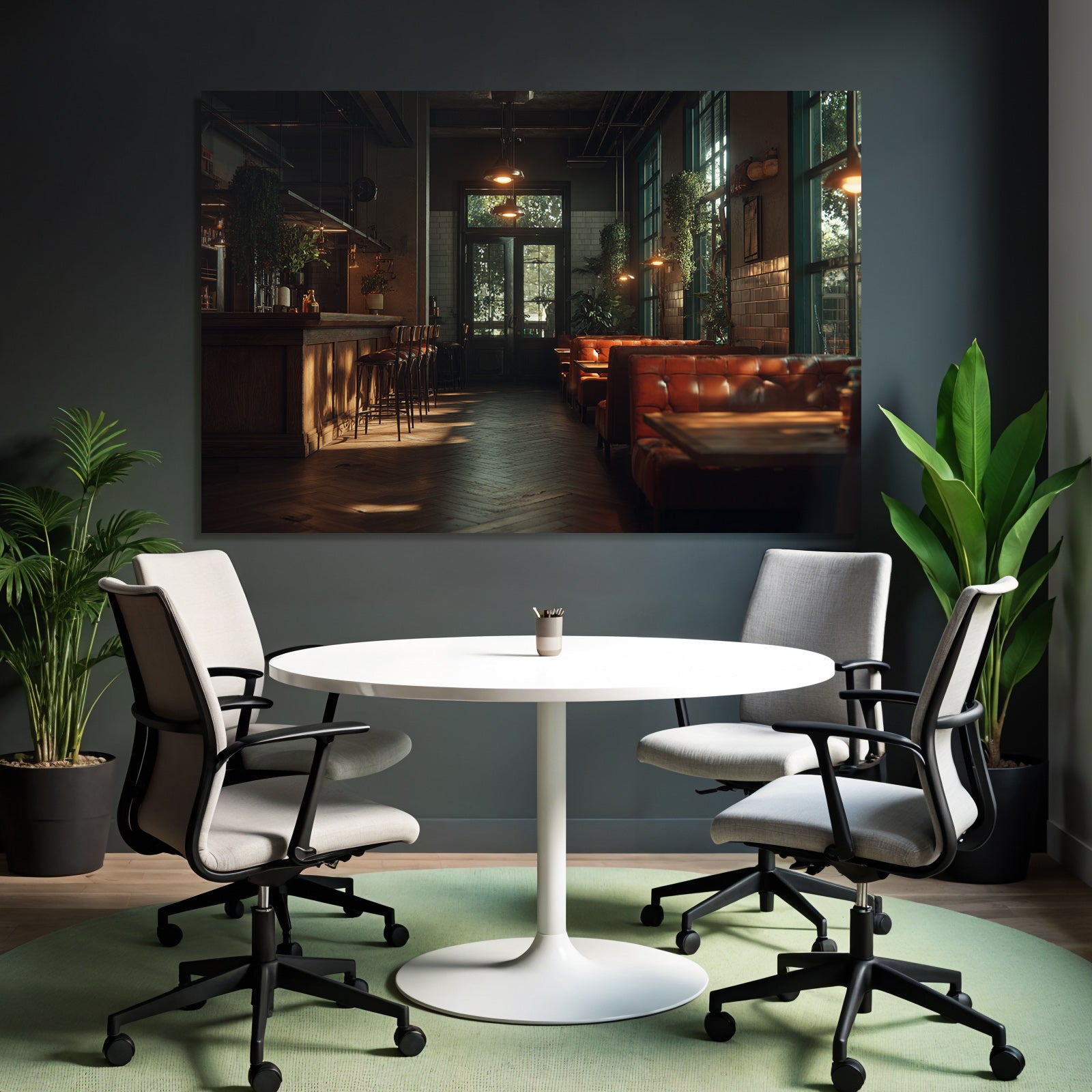 Stylish interior Bar Cafe Wooden bar Leather seating Wooden floor