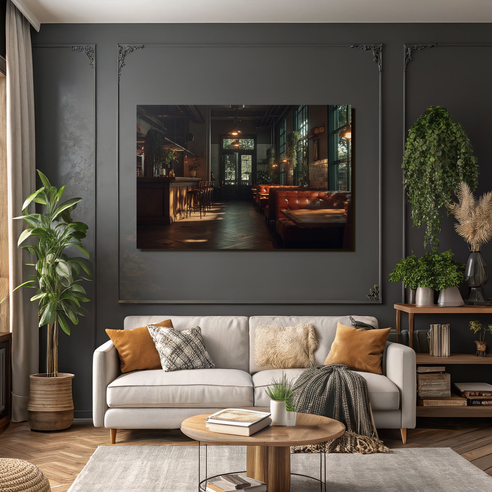 Stylish interior Bar Cafe Wooden bar Leather seating Wooden floor