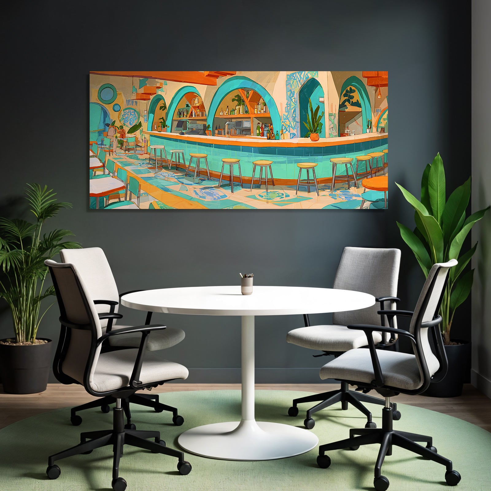 Stylized interior view of a vibrant cafe or restaurant