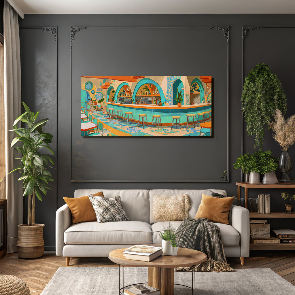 Stylized interior view of a vibrant cafe or restaurant