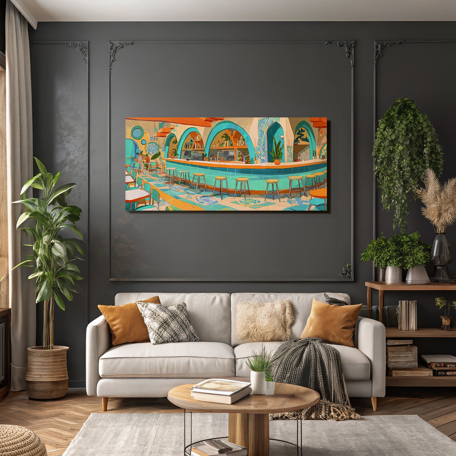 Stylized interior view of a vibrant cafe or restaurant