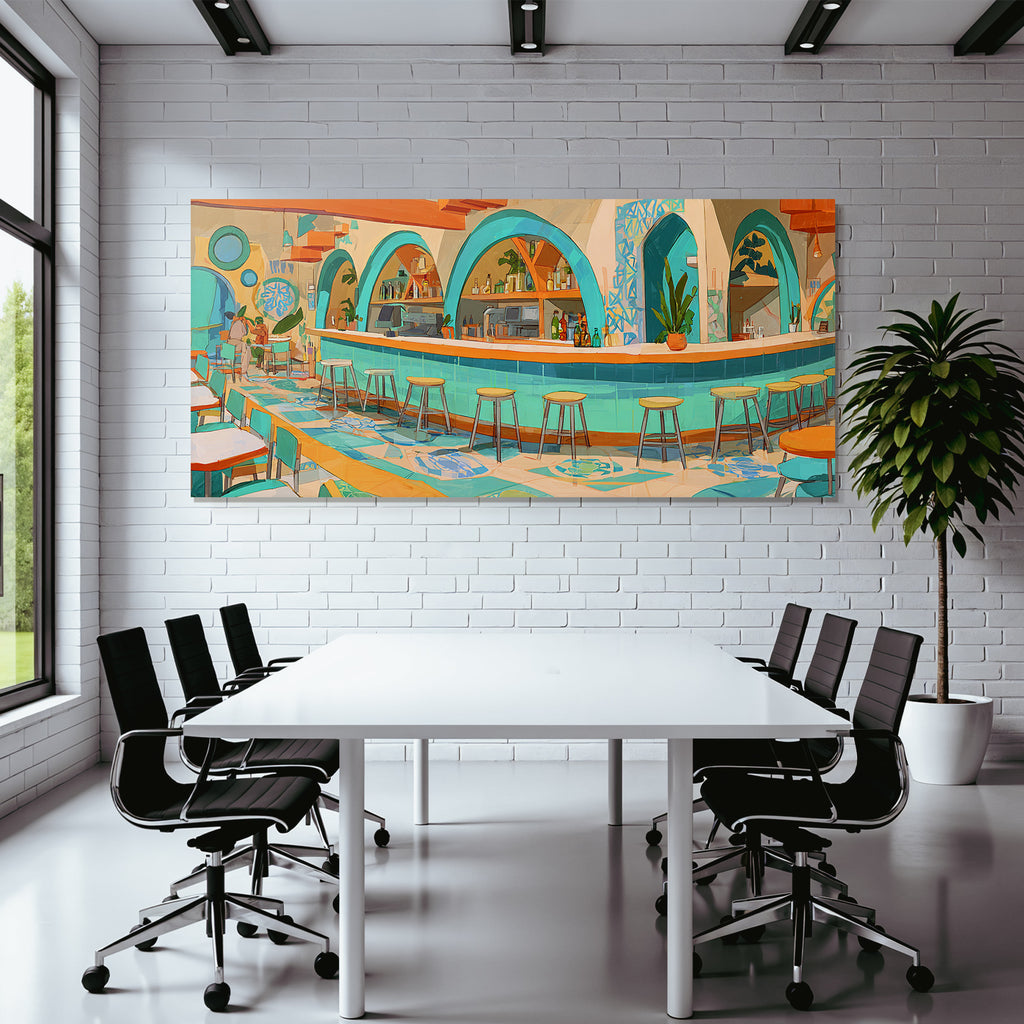 Stylized interior view of a vibrant cafe or restaurant