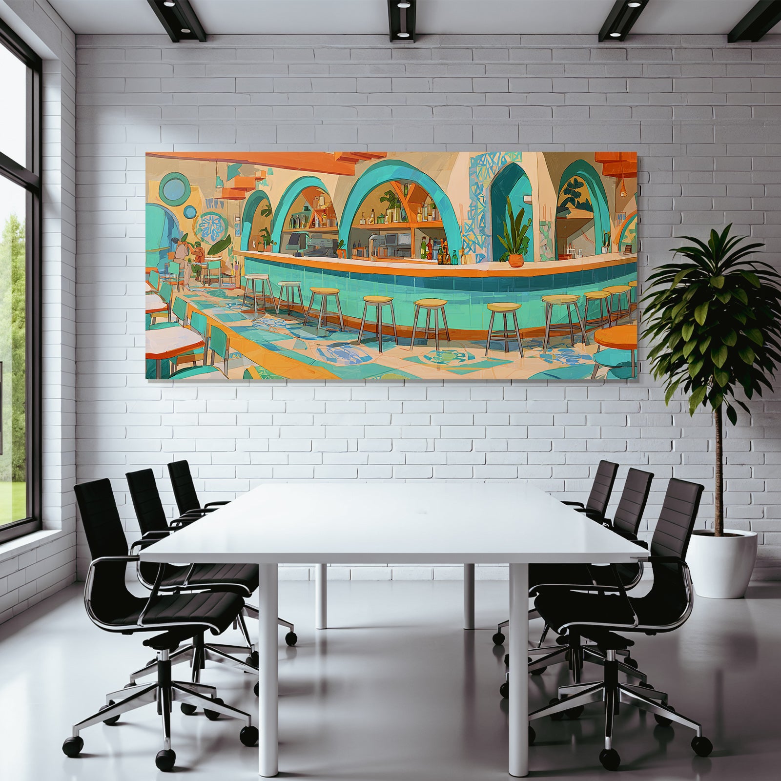 Stylized interior view of a vibrant cafe or restaurant