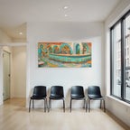 Stylized interior view of a vibrant cafe or restaurant
