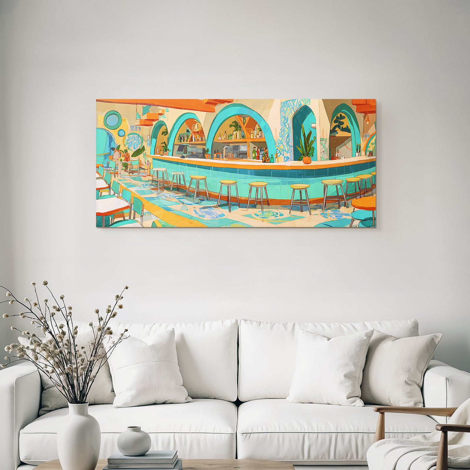 Stylized interior view of a vibrant cafe or restaurant