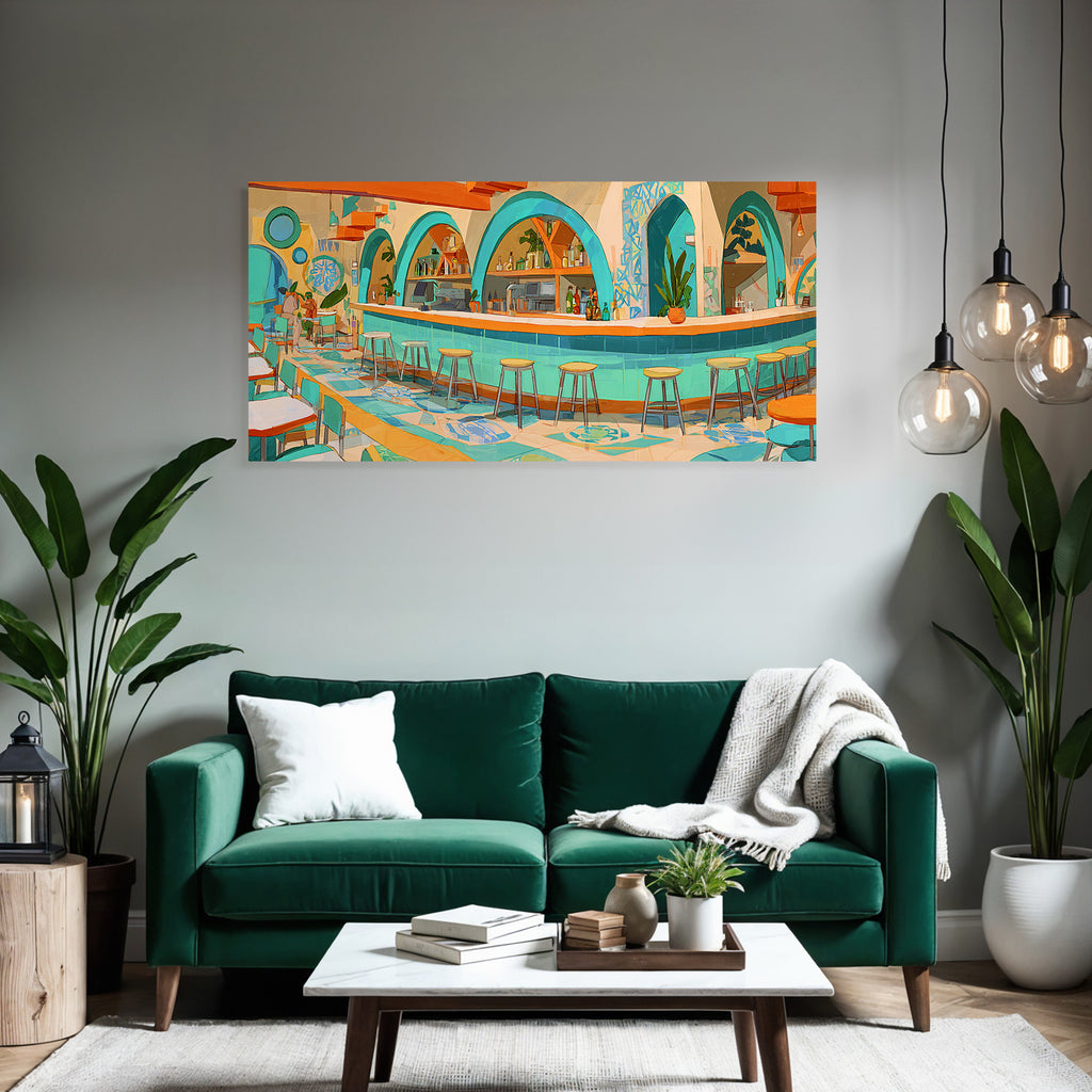 Stylized interior view of a vibrant cafe or restaurant
