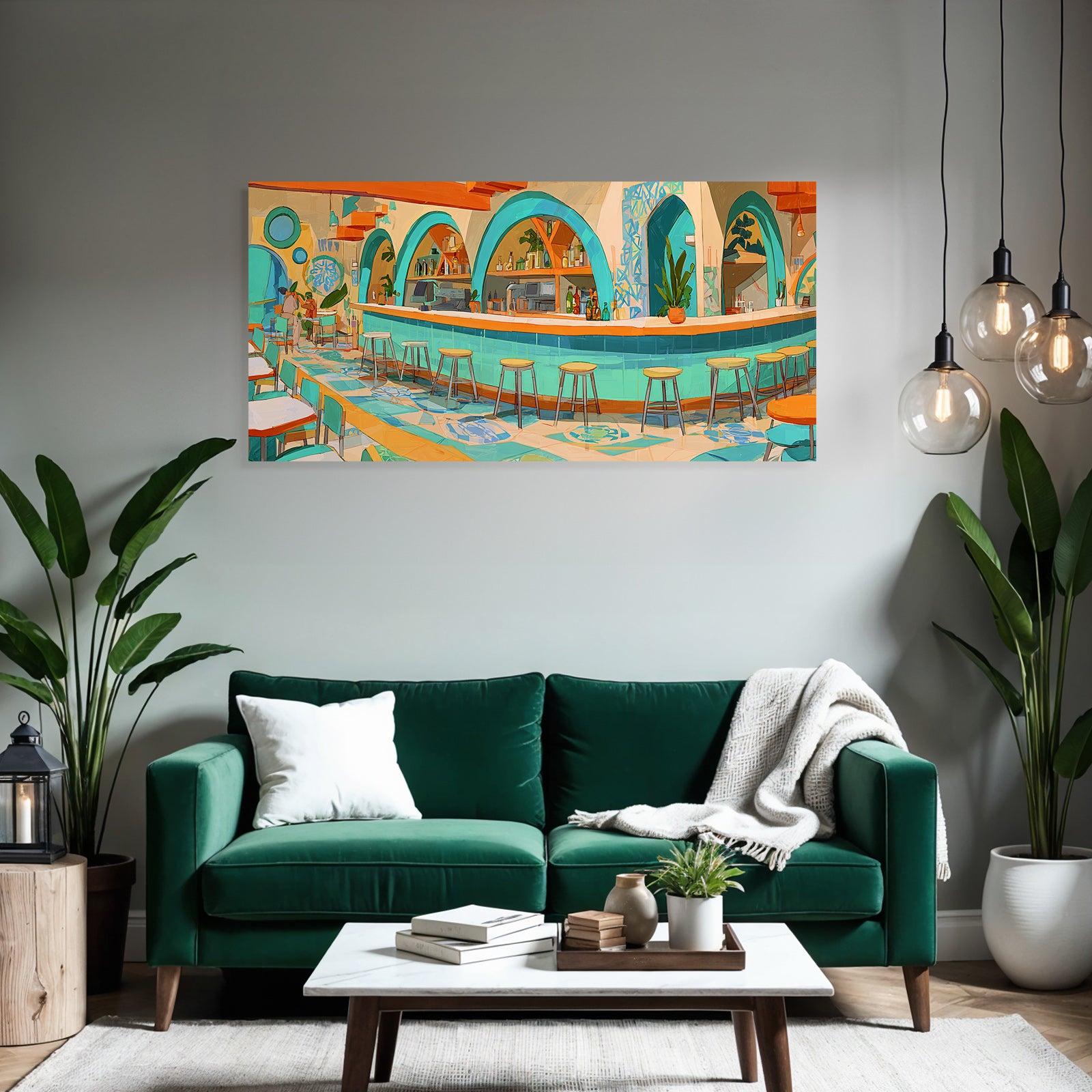 Stylized interior view of a vibrant cafe or restaurant