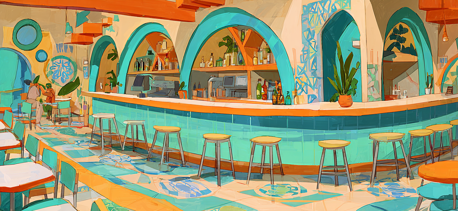 Stylisierte Innenansicht Eines Vibranten Cafes Oder Restaurants | Bars Cafes Theater Bibliotheken | Architektur