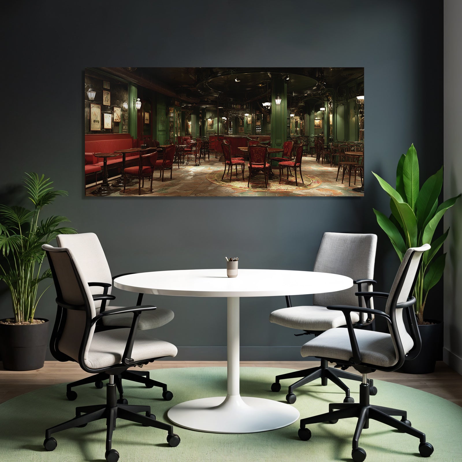 Vintage Barcafe Interior Mit Dunkelgrünen Wänden Roten Sitzen